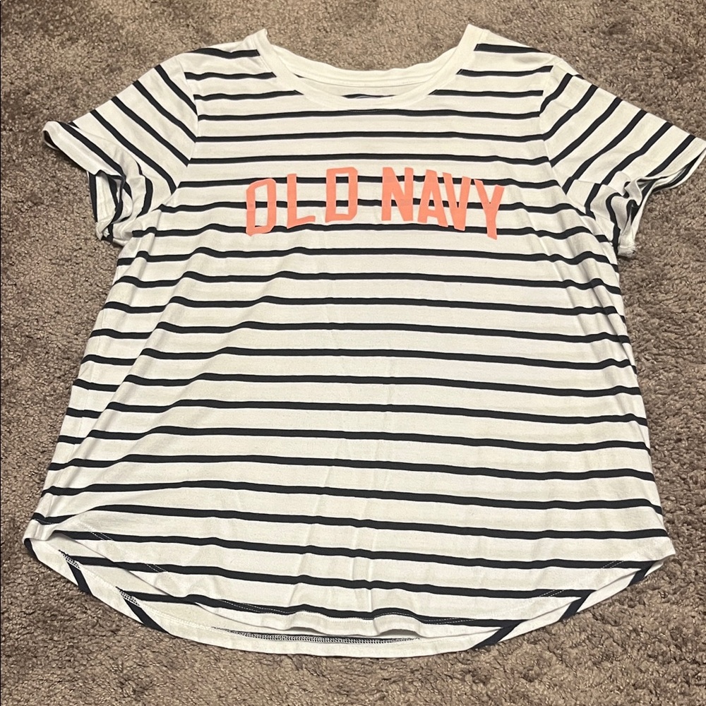 Old Navy Black and White Striped Tee with Orange Logo